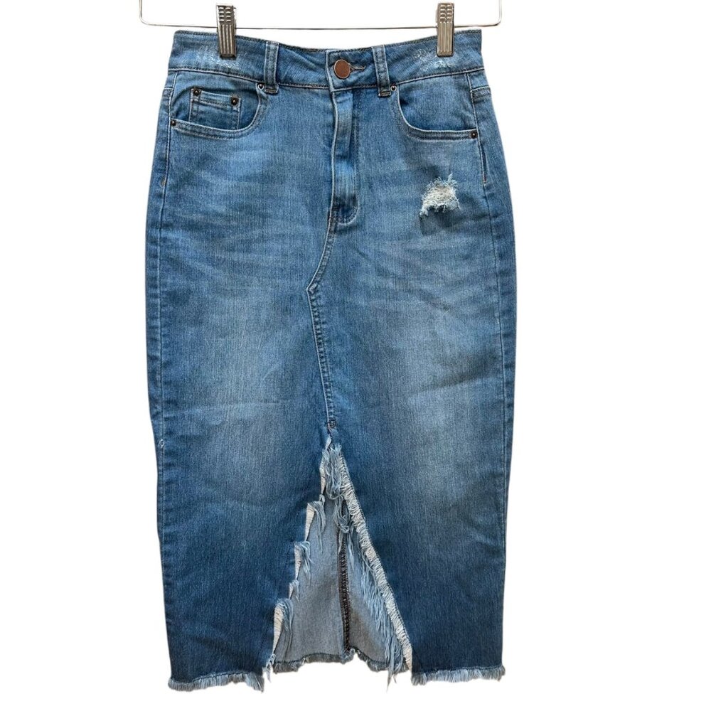 Azy Distressed Denim Pencil Skirt Blue Front Slit‎ Frayed Hem Boho Festival S